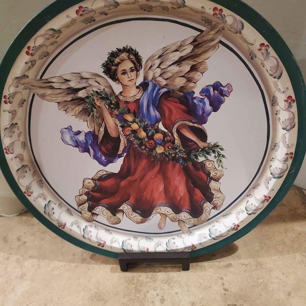 Angel with Fruit  round metal tray Potpourri Press 13" 1999